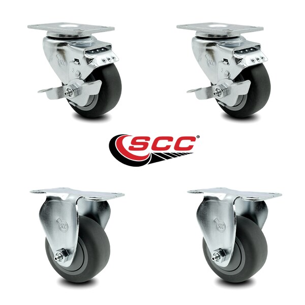 3.5 Inch Thermoplastic Rubber Swivel Top Plate Caster Set with 2 Brakes 2 Rigid
